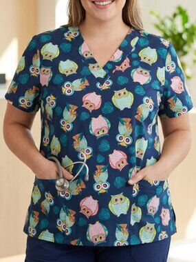 Scrub Studio Novelty Owl Print Scrub Top Shirt L Cute Fun Medical Workwear